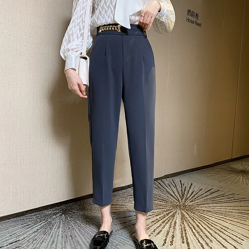 

Новинка Осень 2021, повседневные брюки, женские брюки, брюки-карандаш с металлической цепочкой, брюки с завышенной талией для женщин