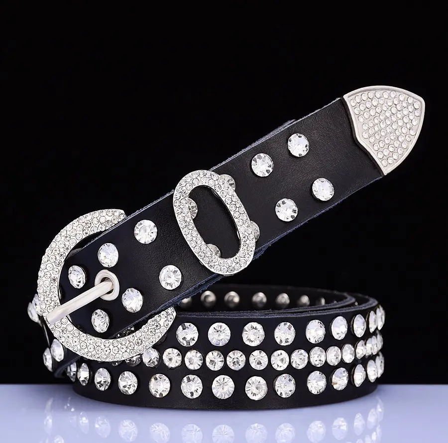 Fashion genuine leather rhinestone belts for women Luxury shining silver ring Pin Buckle belt female jeans strap width 2.8 cm