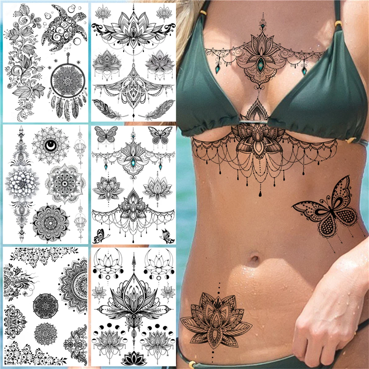 

Mandala Henna Flower Temporary Tattoos For Women Girl Adult Fake Jewelry Pendant Tattoo Sticker Lotus Dreamcatcher Tatoo Decals