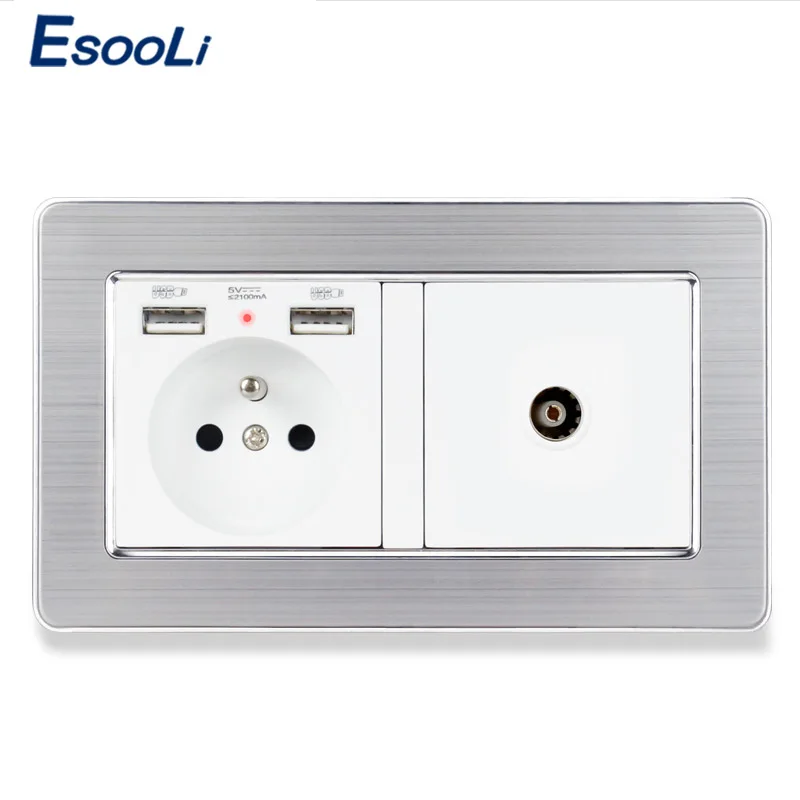 Электрическая розетка ESOOLI настенная двойная из нержавеющей стали 16 А с USB-портом