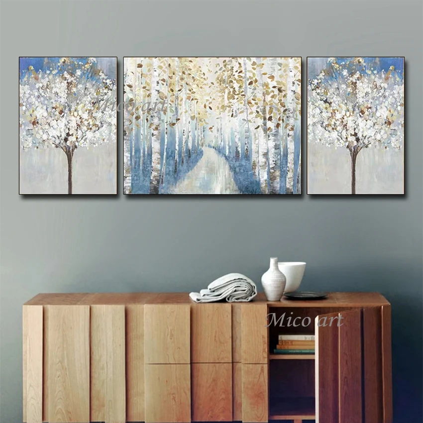 3 Панели 100% ручная роспись лесное дерево абстрактная живопись маслом на холсте