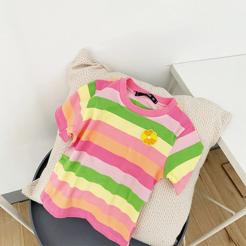 Summer Rainbow Children's T-shirt For Girls Kids Cotton Stripe Shirt Toddler Girl Clothes Blusas Bonitas 1-5T Top | Мать и ребенок