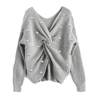 2021 womens pullover sexy deep v neck loose womens sweater long sleeve with plastic pearl irregular open back knit pullover