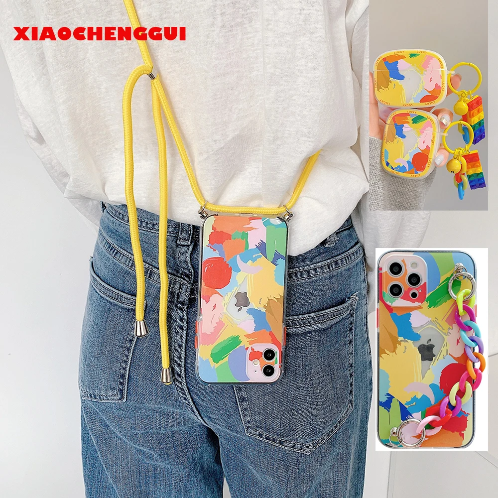 

2pcs/Set Watercolor Hand catenary Phone Case For iPhone 13 12 11 Pro x xs Max XR 7 8 Plus se Earphone Cover For Airpods 1/2/Pro