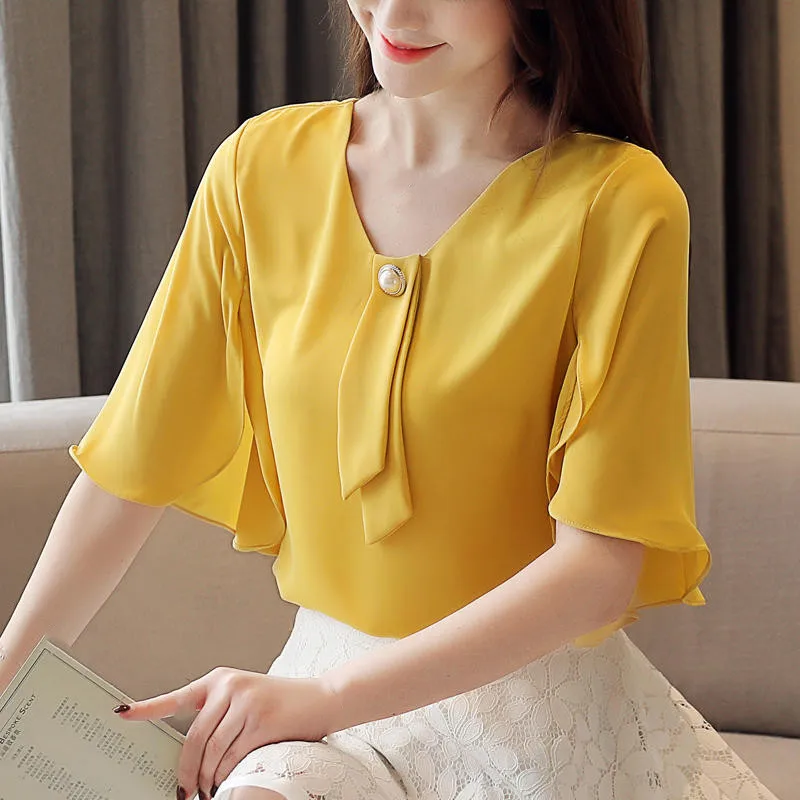 

Fashion Chiffon Shirt Blouse Women Clothes Casual Solid Ladies Tops Mujer Loose Elegant Summer V-Neck Blusas Femininas XXL Q3963