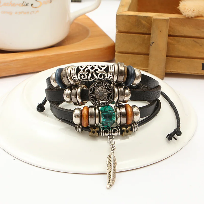 Женский и мужской браслет в стиле панк из кожи с синими кристаллами листьями