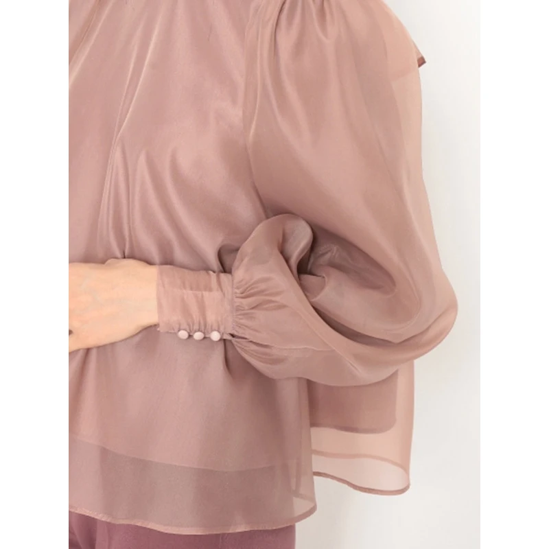 

Cute Palace Puff Sleeve Gloss Chiffon Blouse Fashion Back Bow Tops 2021 Spring Summer New Arrival
