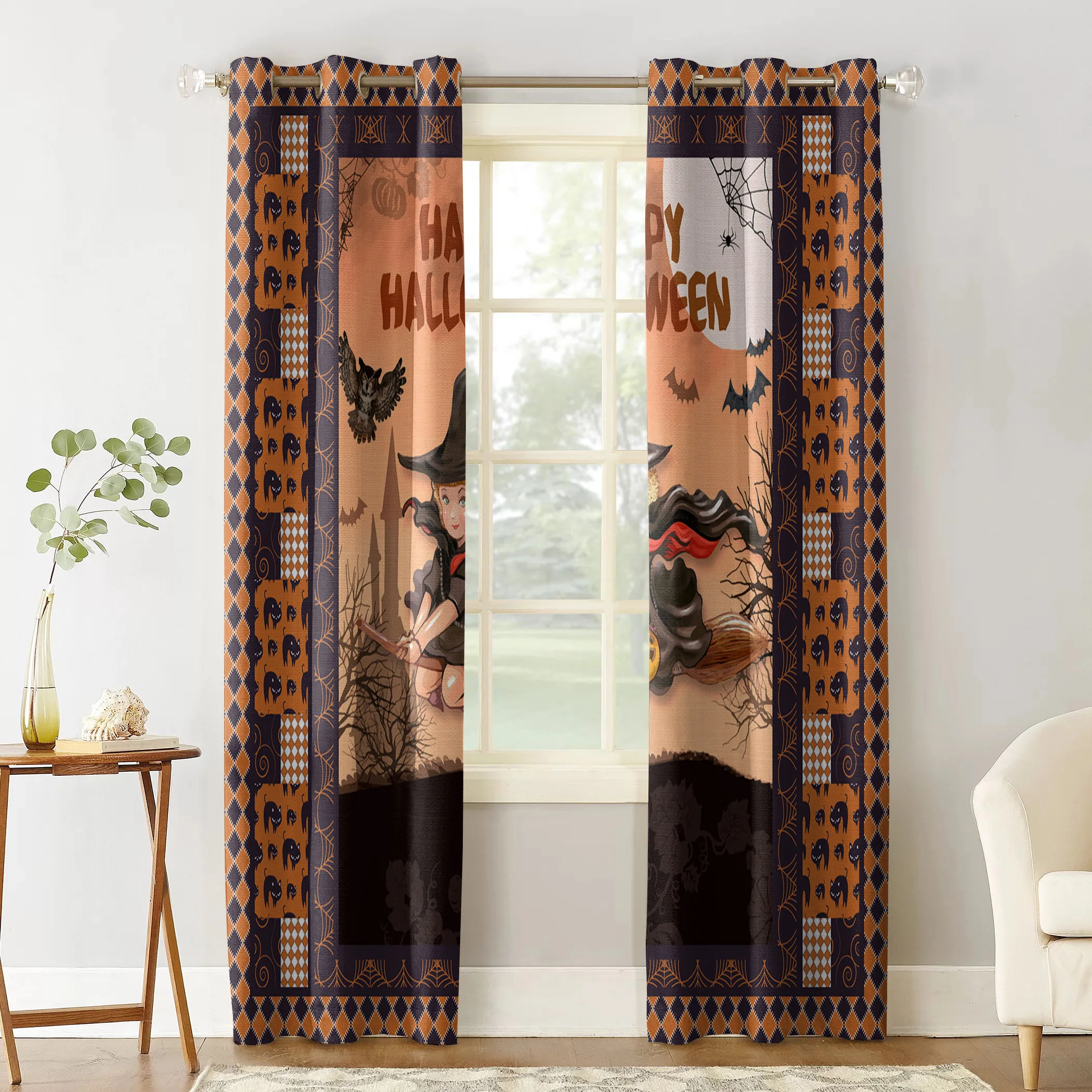 Halloween Witch Bat Texture Lattice Castle Curtains for Living Room Children Bedroom Decor Home Kitchen Products Windows Drapes | Дом и сад