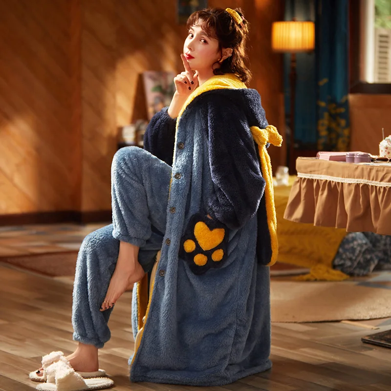 Plus Size Women Sleepwear Medium Style Winter Pajamas Set Loose Version Keep Warm Intensification Pyjamas Plush Nightgown Hooded