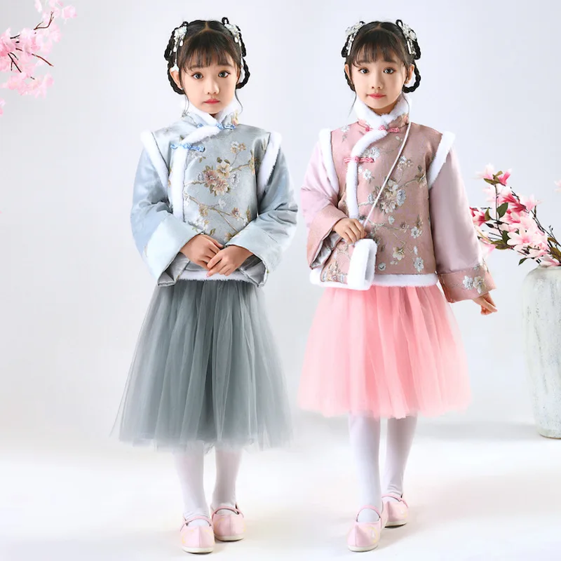 

Winter Girls' Hanfu Long Sleeves Thickened Dress Chinese Style Embroidery New Year's Dress Performance Costume Tang Dress