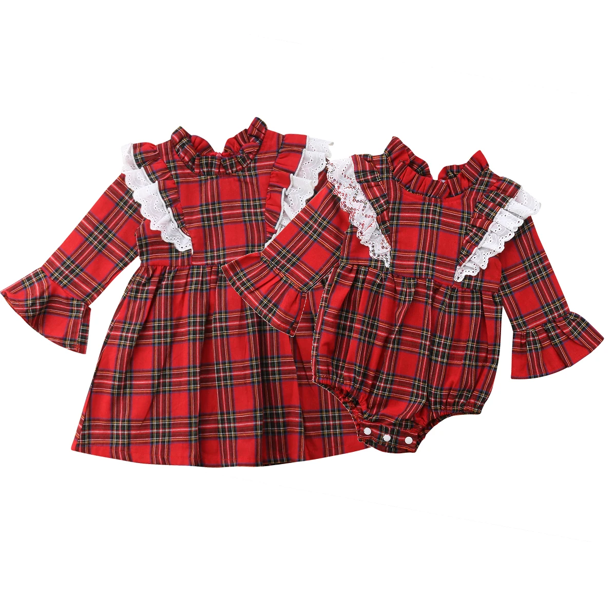 Christmas Newborn Baby Kids Girls Clothing Red Plaid Little Sister Romper Big Dress Xmas Costumes Autumn New | Мать и ребенок