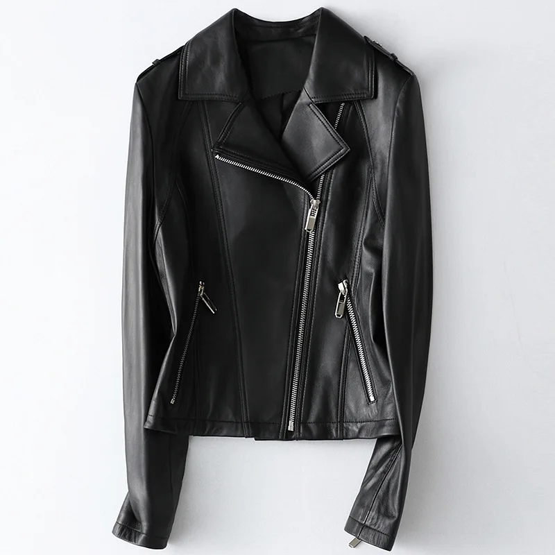 

Real Soft Sheep Skin Short Motorcycle Coat Women's Fashion Genuine Leather Lapel Jackets Zipper Pocket Outerwear Autumn Winter