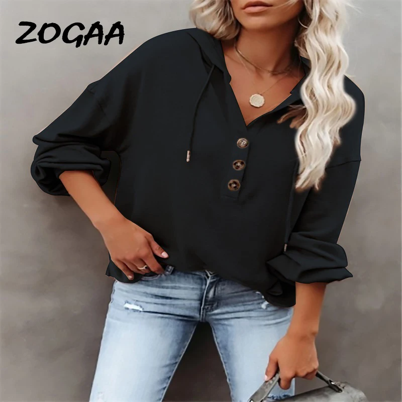 

ZOGAA Hoodies Women Solid Fashion Hooded Drawstring Long-sleeved Buttoned Sweater Shirts Casual Fashion Basic Simple All-match