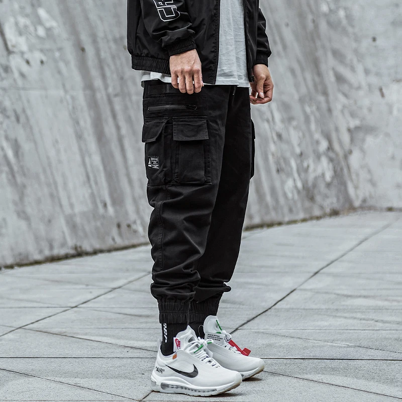 

Fashion Streetwear Men Jeans Black Multi Pockets Casual Cargo Pants Men Overalls Techwear Hip Hop Joggers Ankle Banded Trousers