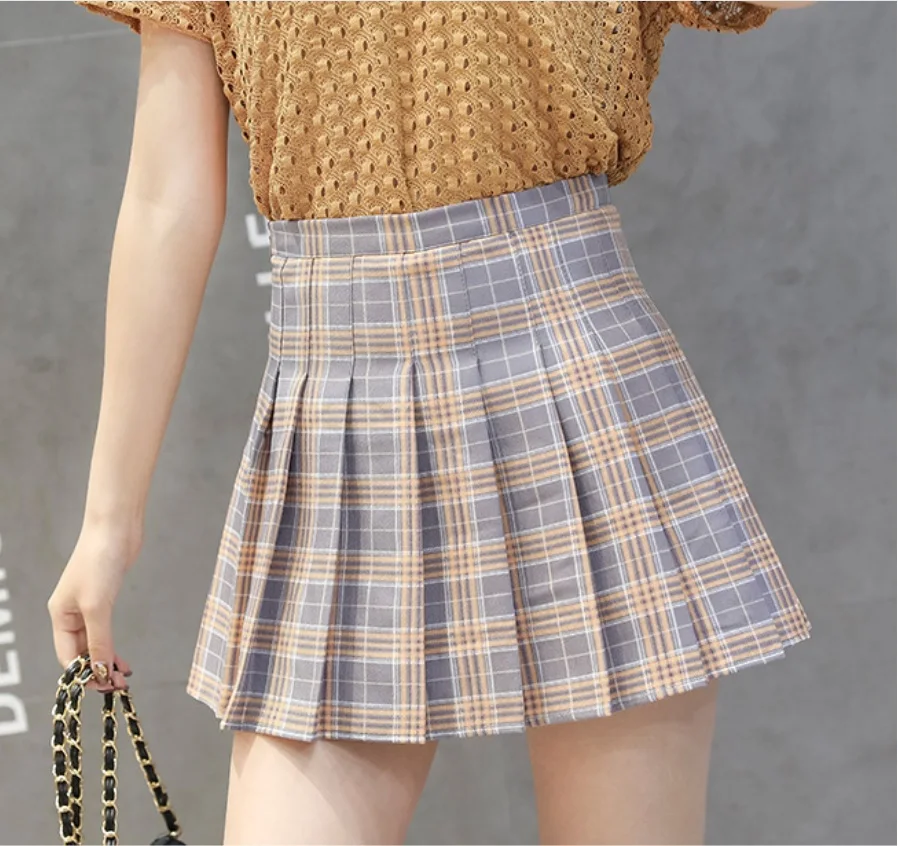 Мини юбка женская плиссированная клетчатая с высокой талией трапециевидная