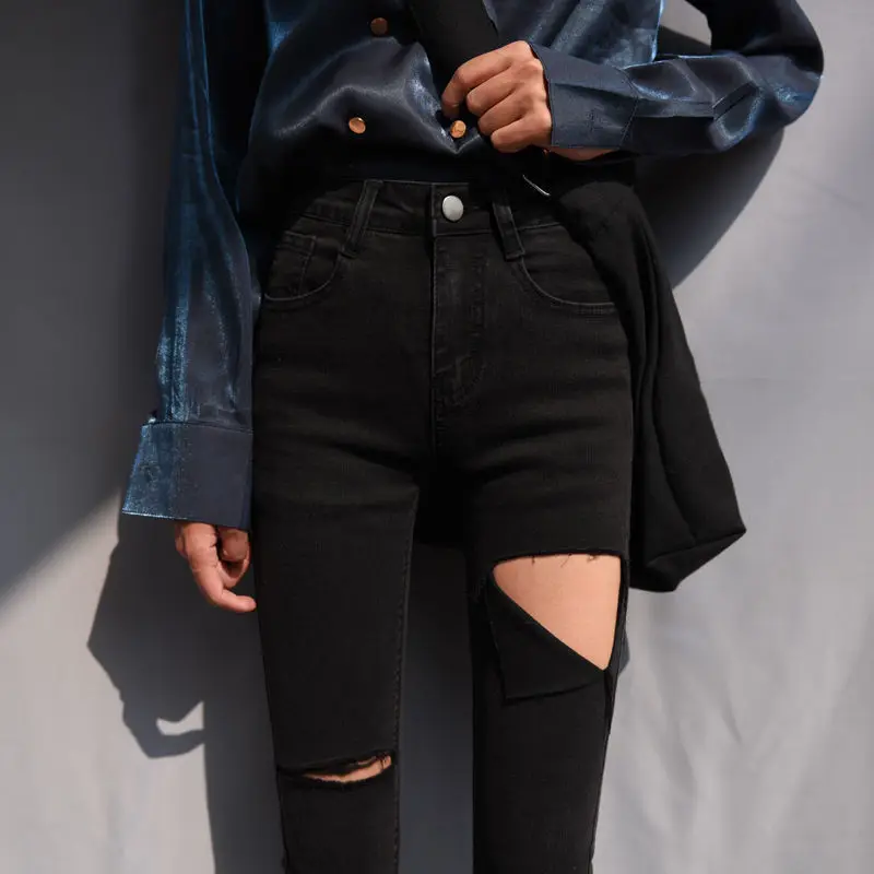 

Stretch Black Skinny Women Ripped Holes High Waist Female Hip Package Capris Pencil Denim Jeans femme 2019