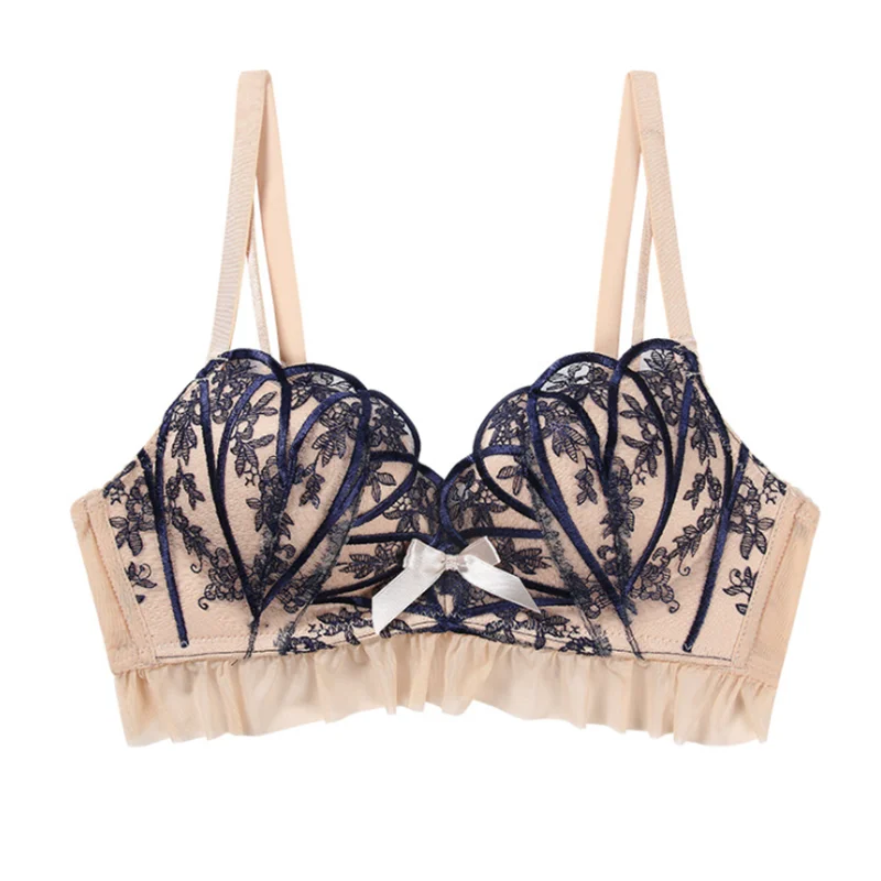 

Sexy Lingerie French Women's underwear Ultra Thin Lace Flower Embroidery Bralette Bra Push up Eyelash Female Underwear