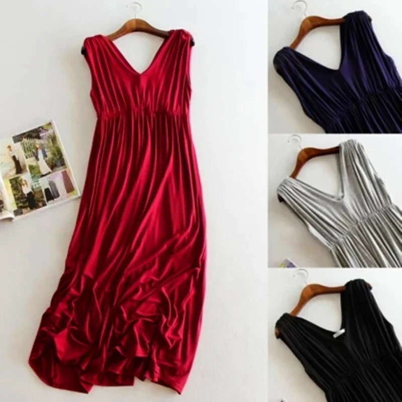 

Summer Korean version loose plus size pregnant women V-neck dress camisole dress maternity clothes Q1201