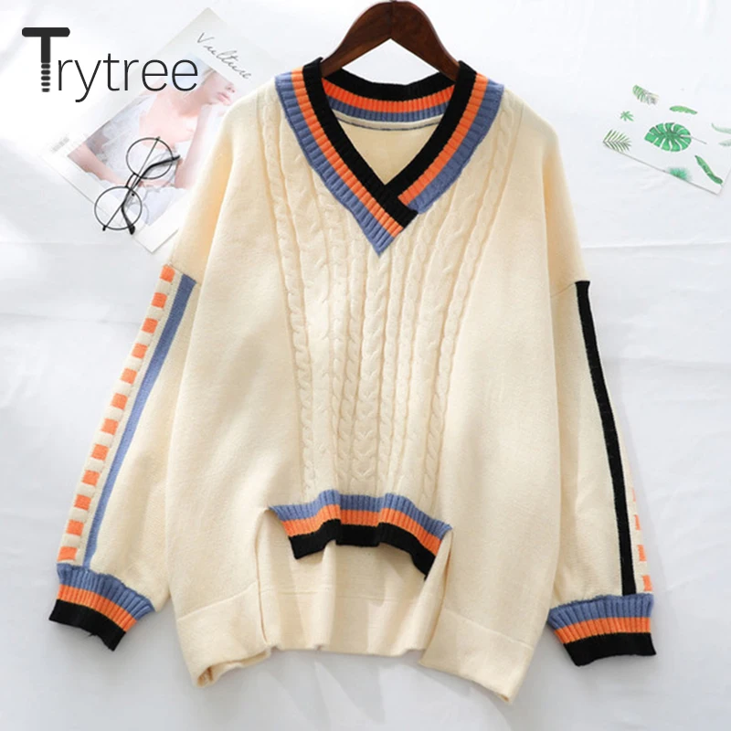 Зимний женский Повседневный свитер Trytree вязаный с V-образным вырезом пуловеры в