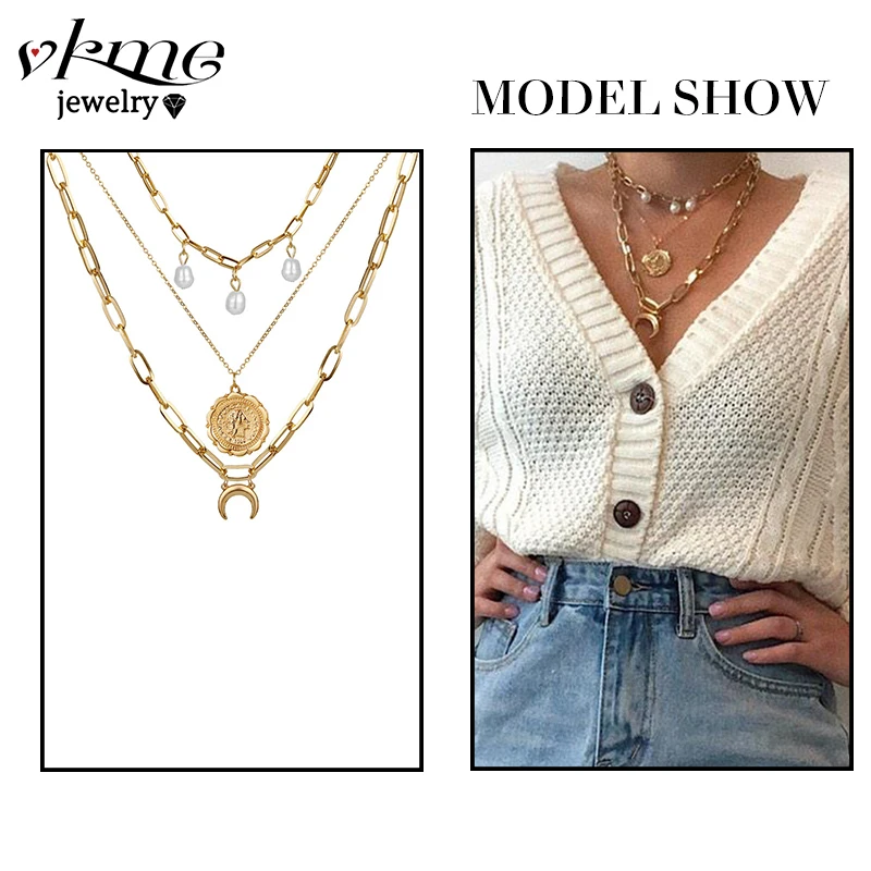 VKME богемное золотое ожерелье для женщин многослойное модное колье с жемчужными