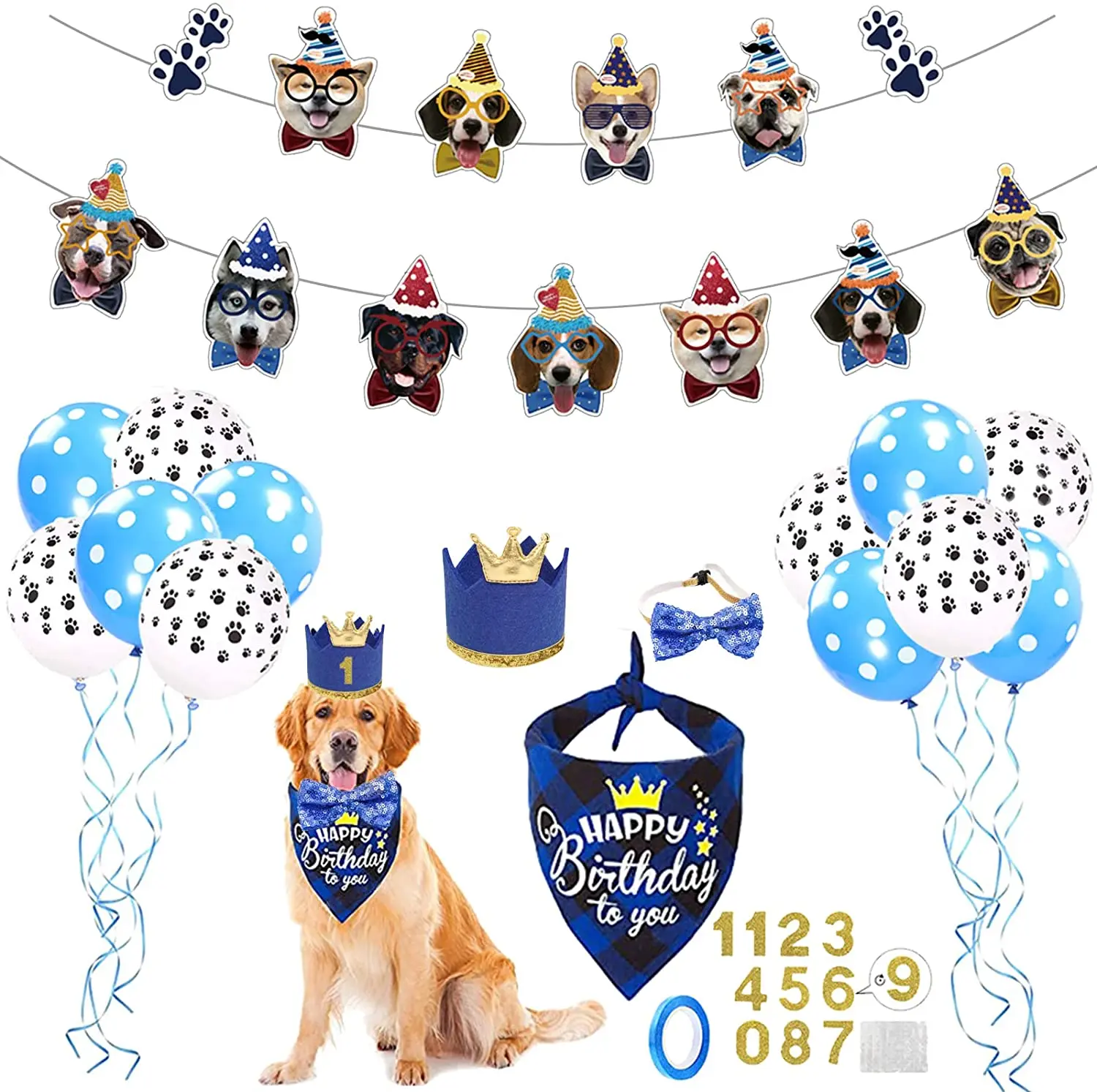 

Dog Party Supplies for Boy Dog Birthday Decorations with Dogs Face Banner Crown Hat Bandana Scarf Bow Tie Balloons for Pet