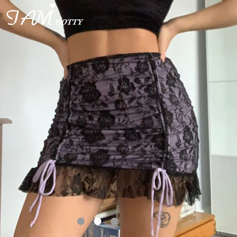 

Cute Lace Black Mesh Y2K Skirt Women Vintage Transparent Sexy Tie Up Bow Ruched A Line Straight Girl Skort Street 90s Iamhotty