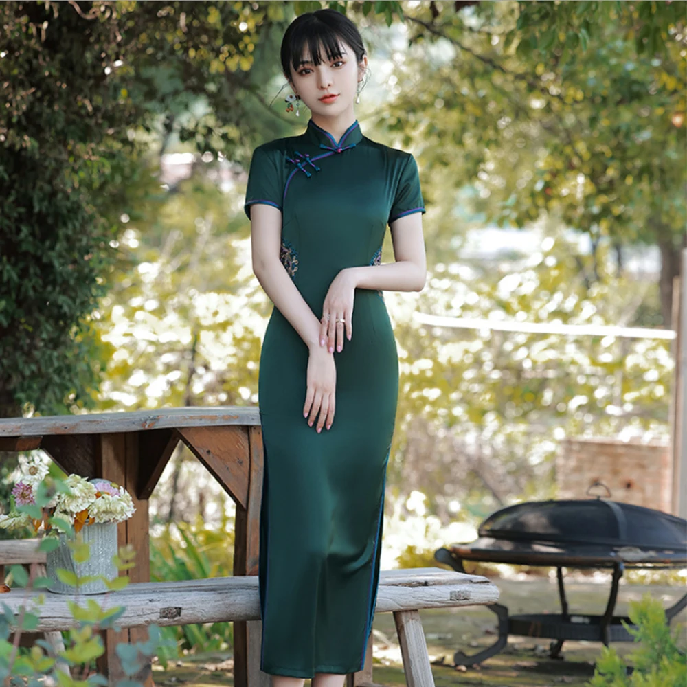 

Chinese Improved Cheongsams Summer Vintage Short Sleeve SolidLong Maxi Dress Women Embroidery Dresses