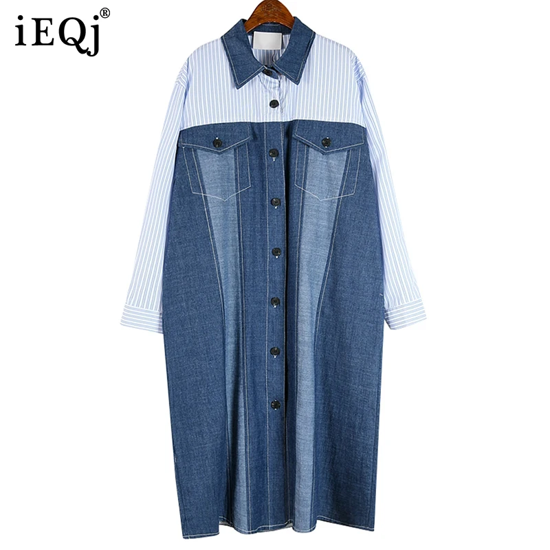 

Осень-зима 2021, новинка, Полосатое джинсовое платье Ieqj, женские свободные прямые платья с длинным рукавом и карманами, Женская мода 3w399