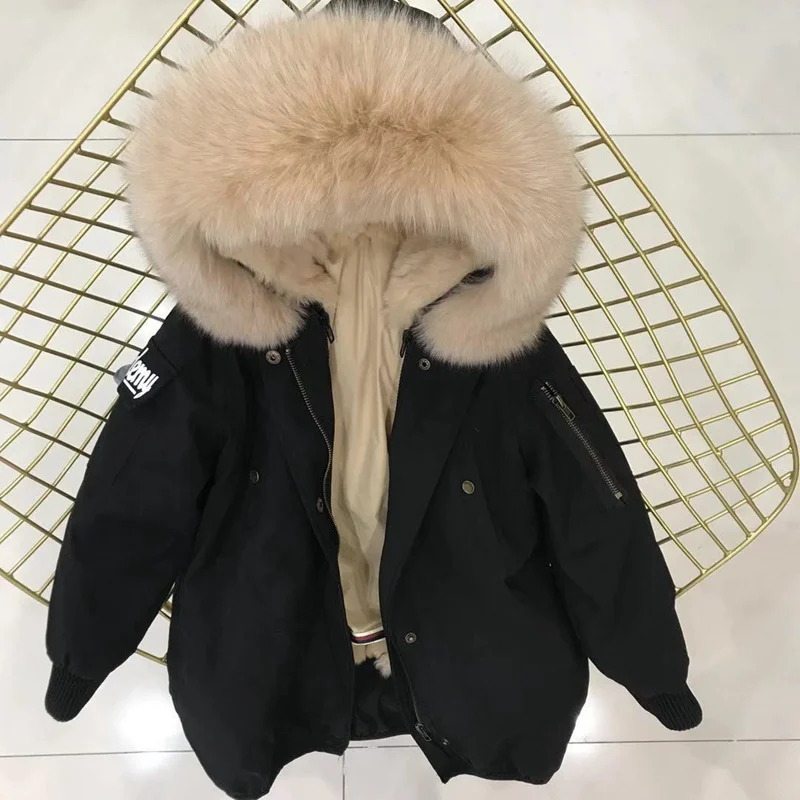 black khaki fur Настоящий мех кролика, парки, пальто с капюшоном из лисьего меха, Детская куртка для мальчиков и девочек, ветровка, детская зимняя одежда - Цвет: black khaki fur