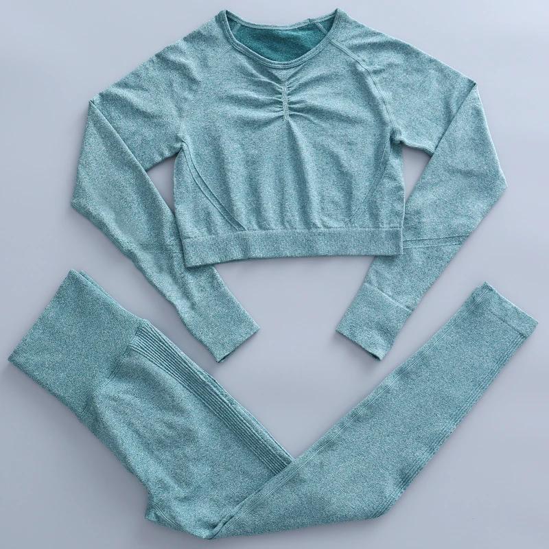 2Pecs Set Yoga Set Seamless Women Sport Suit Gym Workout Clothes Long Sleeve Fitness Crop Top And Scrunch Butt Leggings Clothing