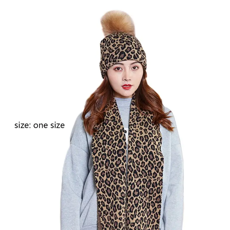 

Женская вязаная шапка с шарфом и леопардовым принтом, шапка с манжетой, 85WB