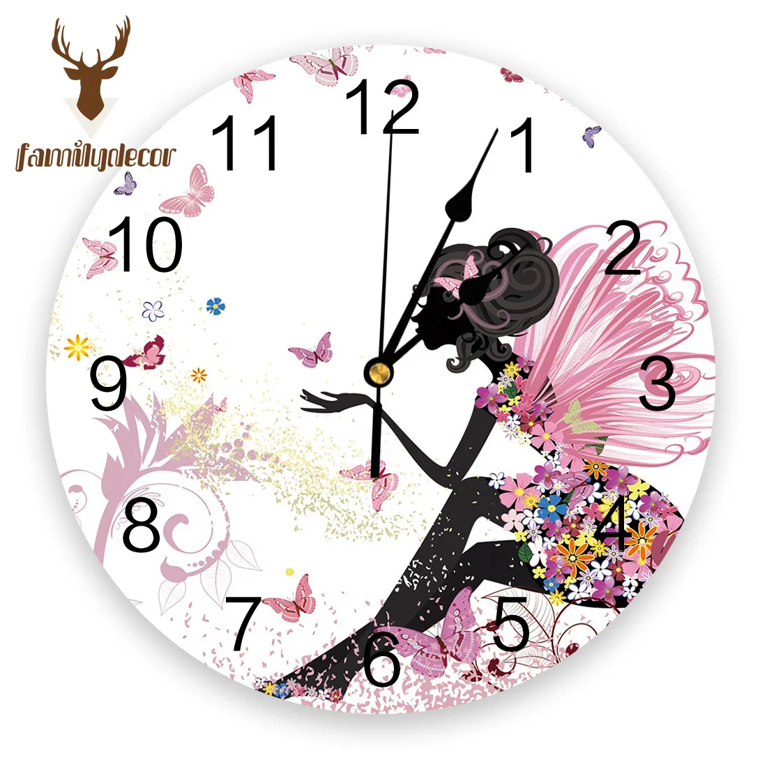 

Cartoon Butterfly Girl Printed PVC Wall Clock Modern Design Home Decor Bedroom Silent O'clock Watch Wall For Living Room