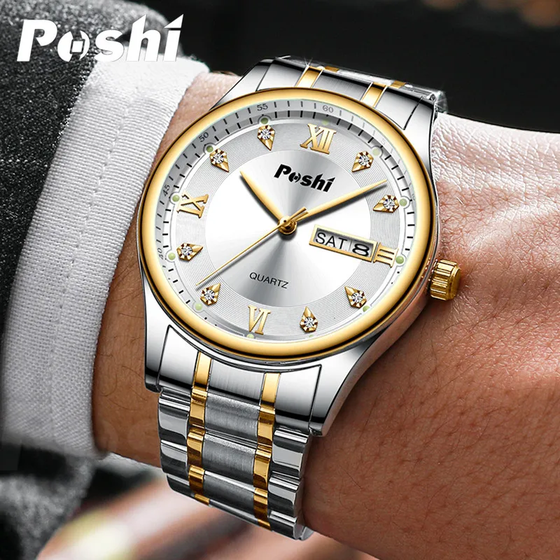 

POSHI мужские часы Топ бренд класса люкс полностью стальные бизнес часы мужские Неделя Календарь Водонепроницаемые кварцевые часы мужские ...