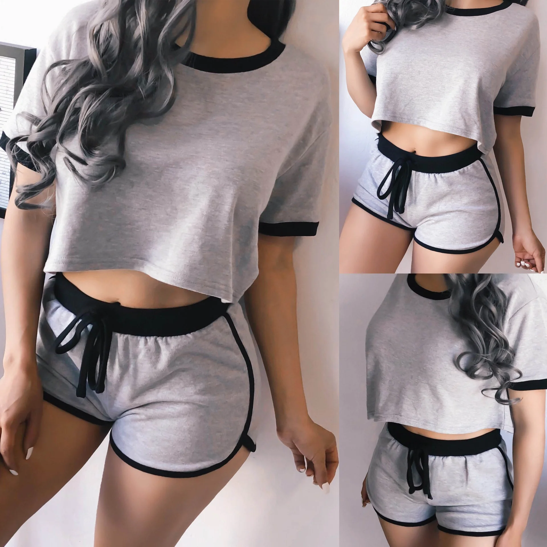 

Women Pijamas Cotton Pajama Femme Pajamas Set Solid Splice Loose Short Sleeve Cropped Tops+Shorts Sleepwear Lady Pajamas