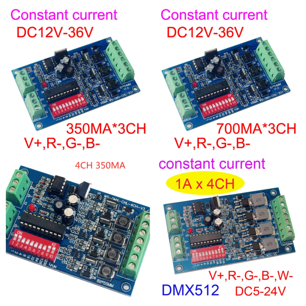 

Постоянный ток 3CH 4CH 350MA 700MA 1000MA 1100MA 1300MA 1500MA DMX декодер DC5V-24V 12V DMX512 контроллер для RGB RGBW Light