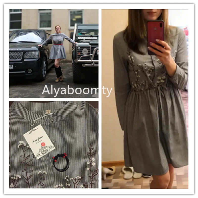 Весеннее И Осеннее Женское Платье,Короткое Красное Серое Полосатое Платье C Цветочной Вышивкой,Винтажное Платье Из Хлопка И Льна,Повседневная Одежда для Невысоких Девушек