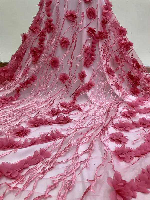 dark pink Последняя фиолетовая африканская кружевная ткань высокого качества благородная ручная работа нигерийская 3D Цветочная Тюлевая кружевная ткань для нигерийских вечерние платья - Цвет: dark pink