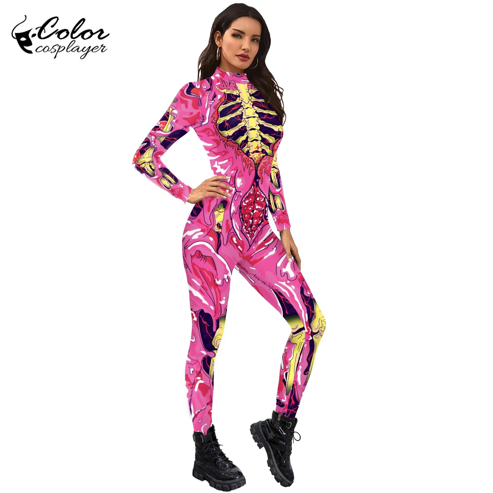

Цветной косплейер Хэллоуин мышцы Скелет комбинезон карнавал женское тело Косплей Костюм зентай костюм с принтом боди комбинезон
