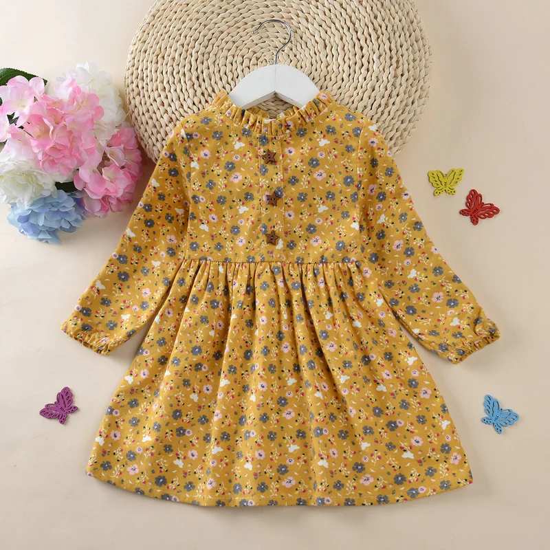 yellow floral Осенняя детская одежда винтажное платье для малышей хлопковые детские платья с длинными рукавами и цветочным рисунком для девочек 3-От 4 до 10 лет - Цвет: yellow floral