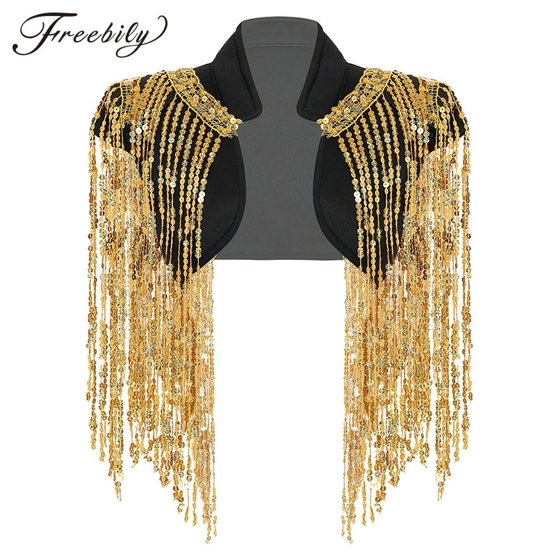 Женский короткий жилет без рукавов с блестящими блестками и кисточками костюм