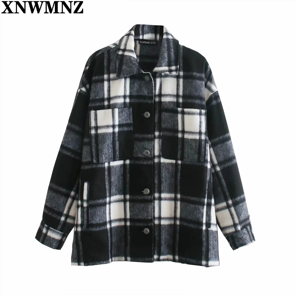 

XNWMNZ Za women Fashion blend check Overshirt ladies Vintage Long sleeves patch pockets buttons Chic Tops Female girls coats