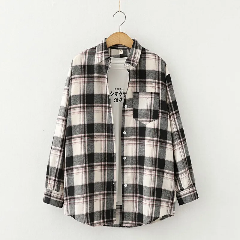 Блузка женская клетчатая с длинным рукавом свободного покроя на весну/осень