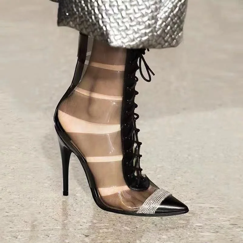 

2021 new Autumn and winter fashion sexy hollow out drill pointed cool boots high heel thin heel show