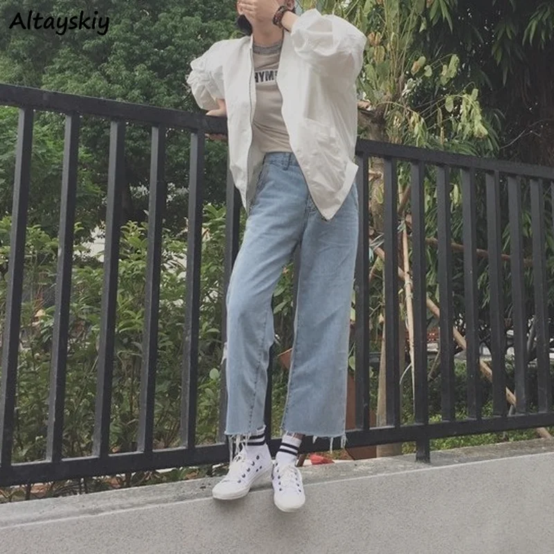 

Blue Jeans Women Fur-lined Straight Denim Trousers Zipper Fly Empire Ankle Length Harajuku Students All-match Ulzzang Fashion BF