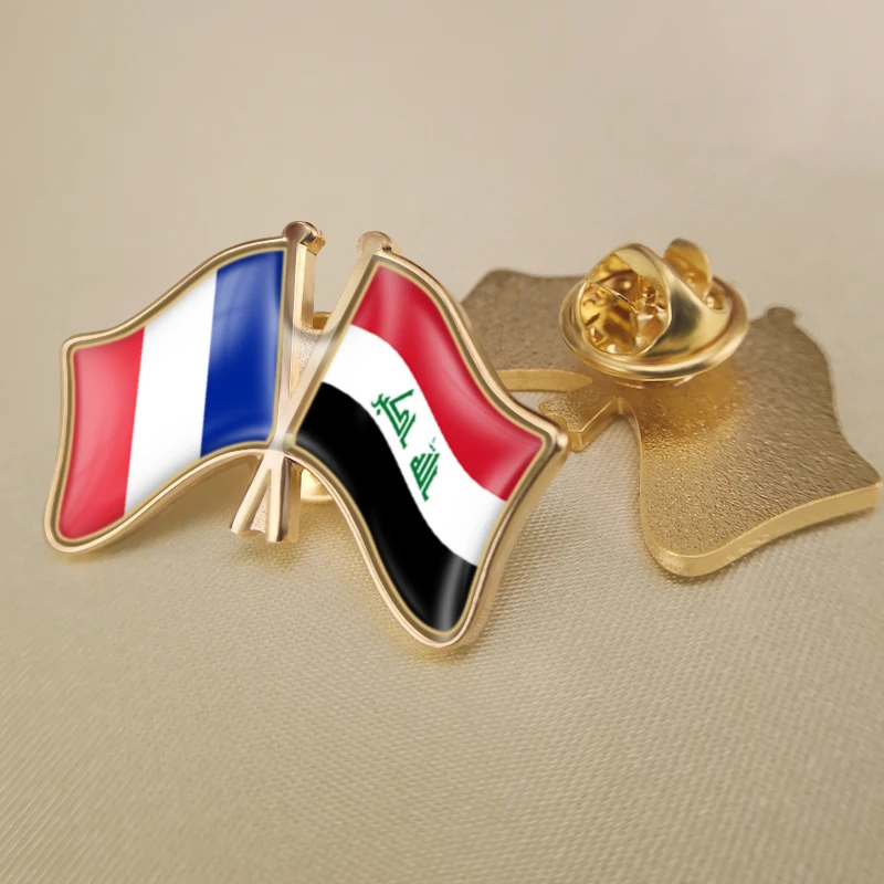 

France and Iraq Crossed Double Friendship Flags Lapel Pins Brooch Badges