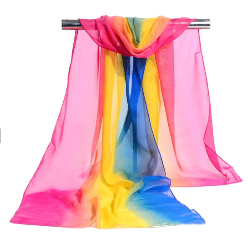

160x50cm Women Soft Chiffon Large Shawl Lady Gradient Rainbow Stripes Neck Scarf Head Hair Wrap Swimsuit Cover Up Sarong