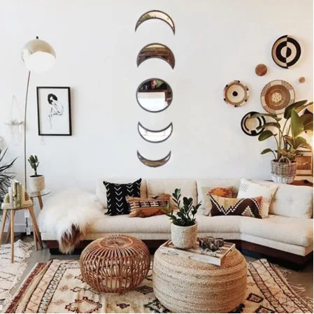 

Bohemian Style Wooden Decorative Wall Mirror Moon Phase Mirror Set Wall Stickers Living Room Bedroom Mirror DIY Decor Drop Ship