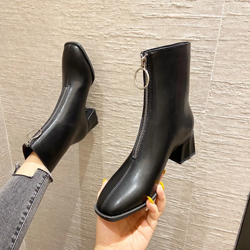 

women's short boots net red thin boots autumn and winter 2020 new boots thick heel boots square head medium heel