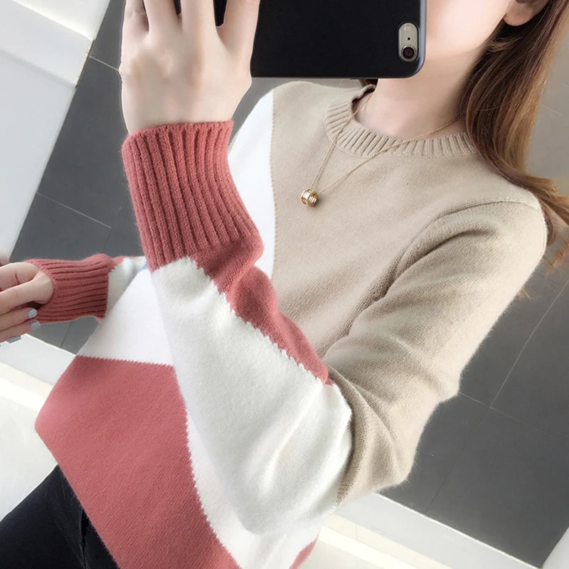 TIGENA Beautiful Contrast Color Knitted Sweater Women 2019 Fall Winter Long Sleeve Pullover Female Loose Jumper | Женская одежда