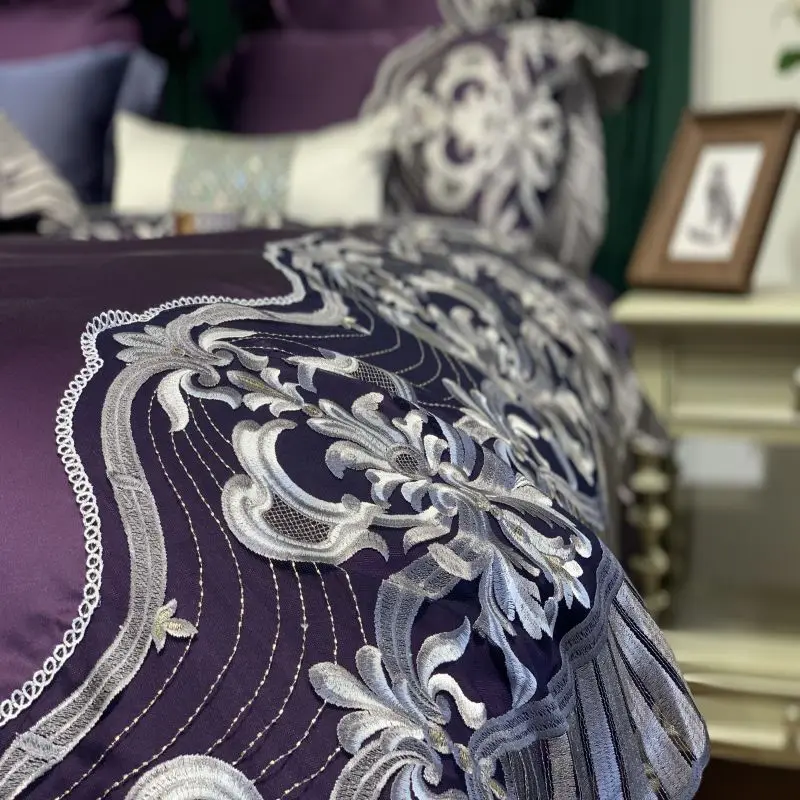 

Luxury Purple European Palace Style Lace Bedding Set Egyptian Cotton Silky Duvet Cover Bed Sheet Or Bedspread Pillowcase 4/7Pcs